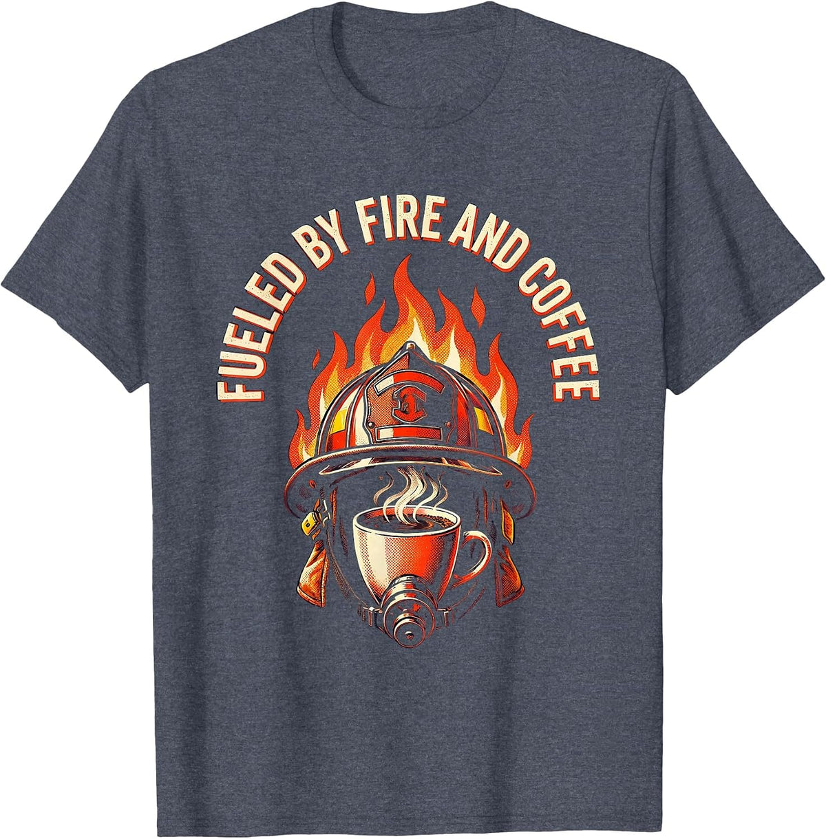 Fueled by Fire and Coffee Firefighter Design T-Shirt - Heather Blue