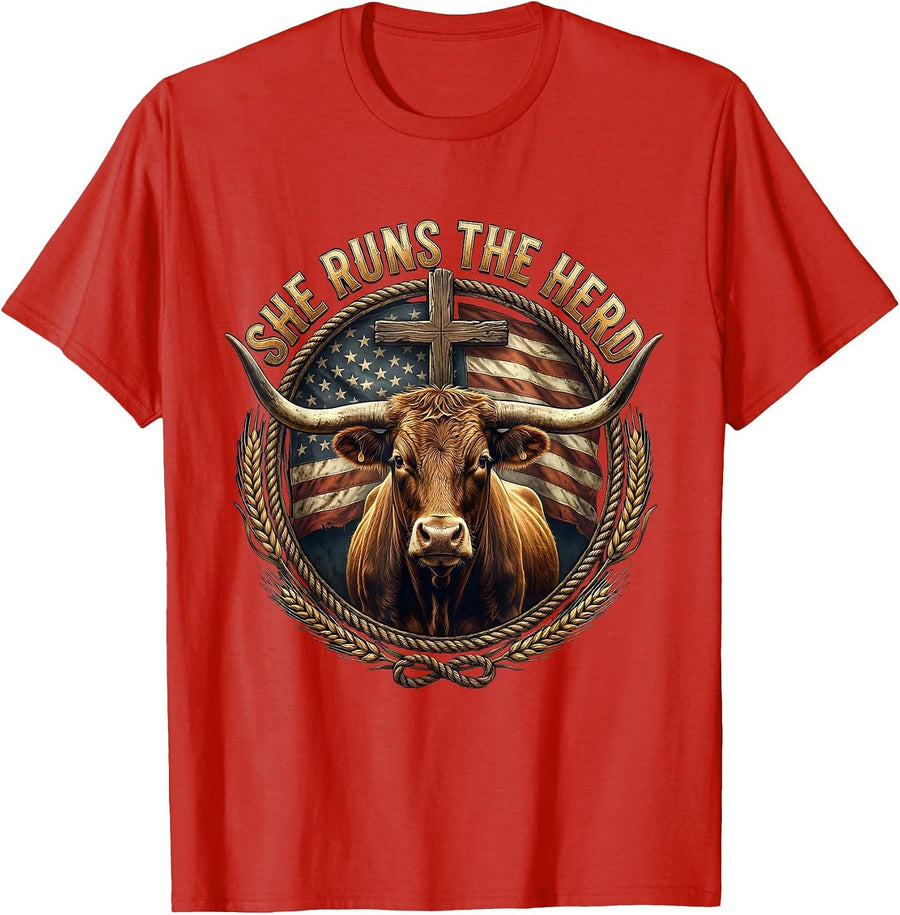 Men's She Runs The Herd Cow Lover Design T-Shirt - Red