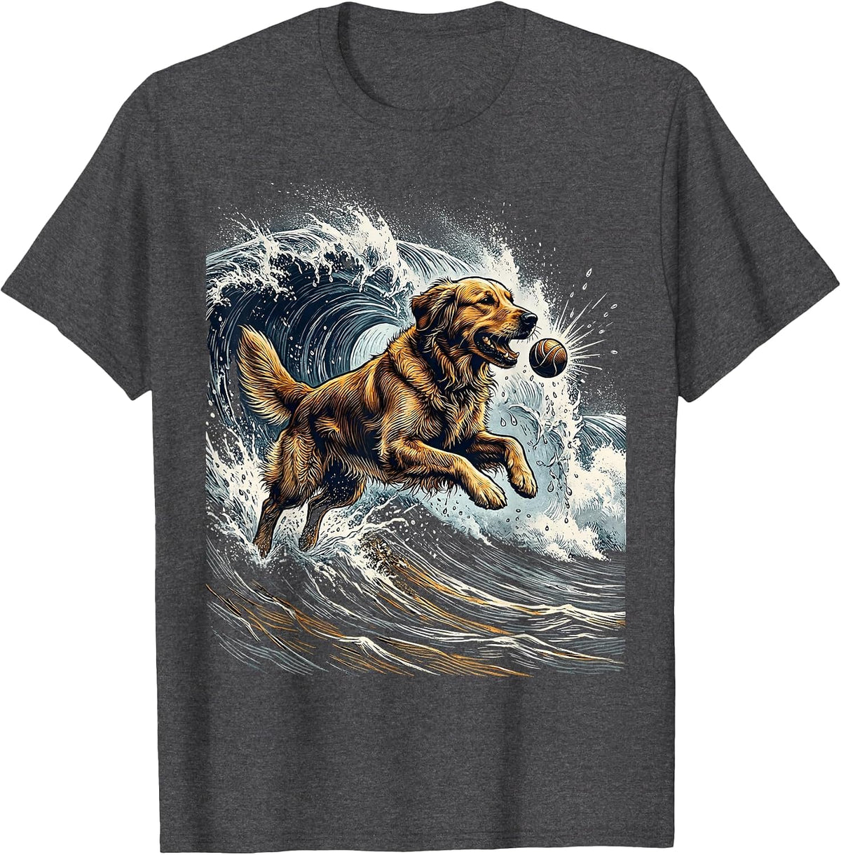 Golden Retriever Fetching Ball in Ocean Waves T-Shirt - Dark Heather Grey