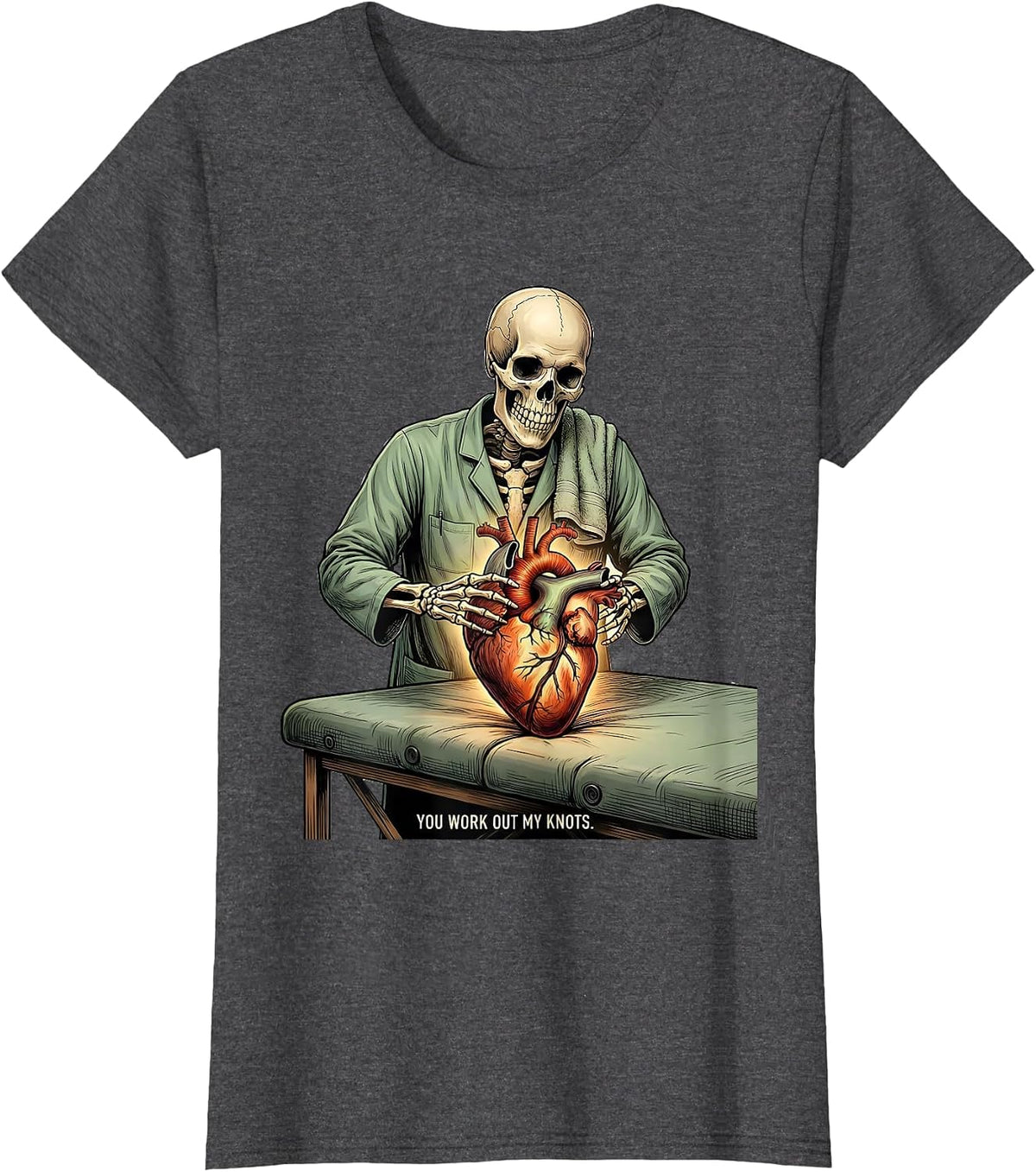Women's Massage Squad Valentine: You Work Out My Knots Gothic T-Shirt - Dark Heather Grey