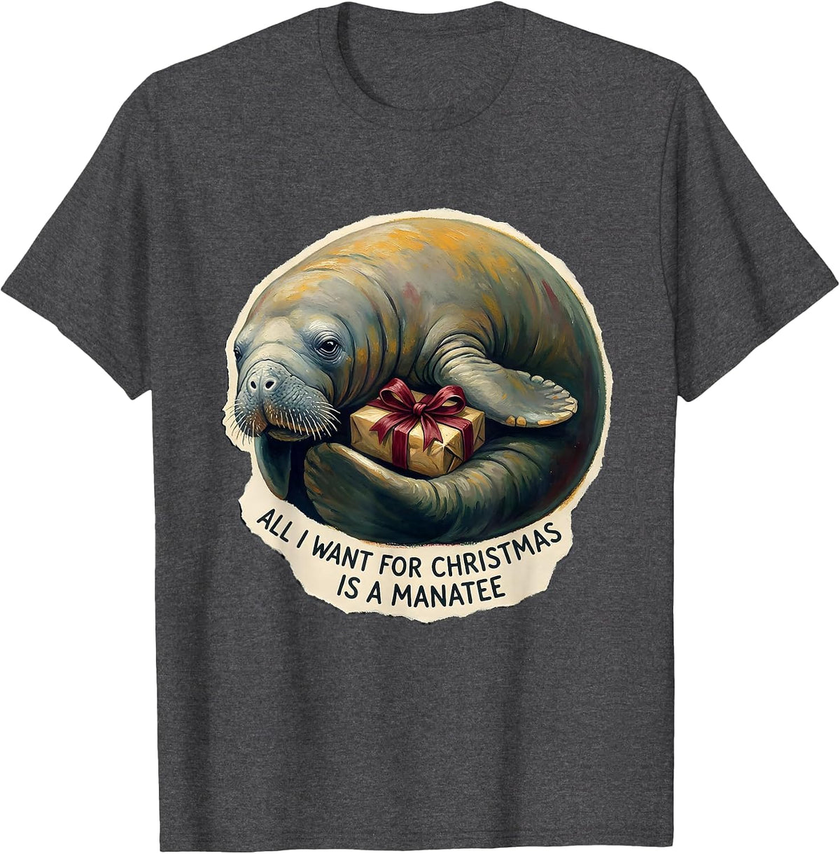 Men's All I Want For Christmas Is A Manatee Funny Ugly Sweater T-Shirt - Dark Heather Grey