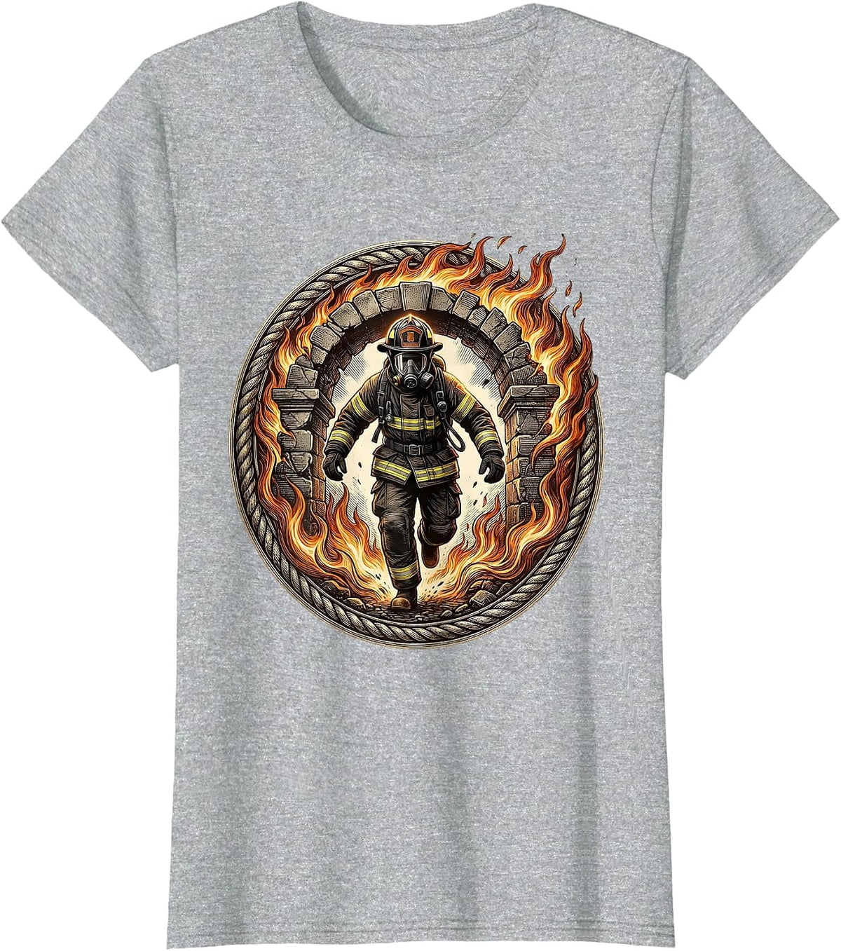 Firefighter Emerging From Flames Graphic T-Shirt - Heather Grey