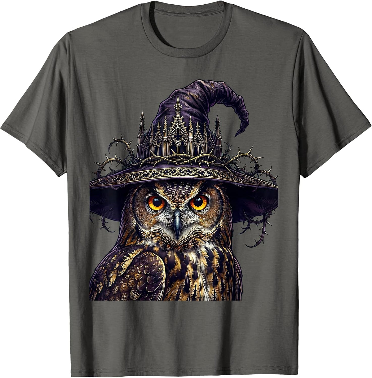 Men's Glowing Eyes Owl In Witch Hat Halloween Design T-Shirt - Asphalt Grey
