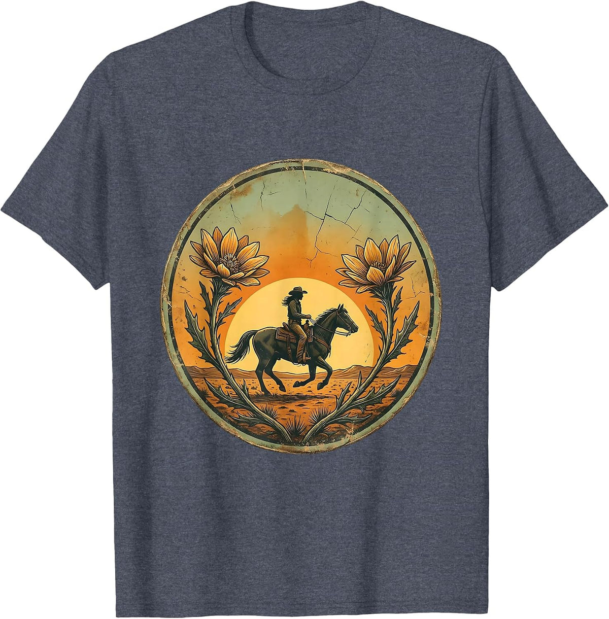 Lone Cowgirl on Horseback Desert Riding Graphic T-Shirt - Heather Blue