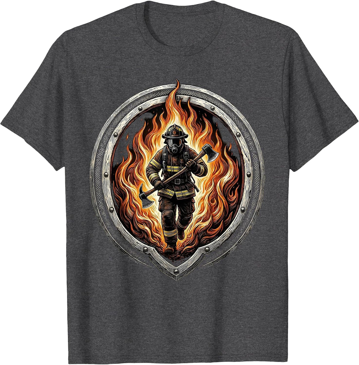 Men's Firefighter Silhouette Walking Through Flames T-Shirt - Dark Heather Grey