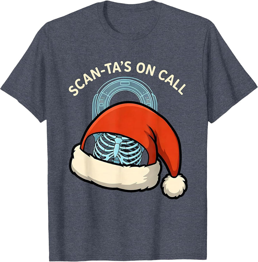 Scan-ta's On Call Cartoon Radiology Tech Christmas Humor T-Shirt - Heather Blue