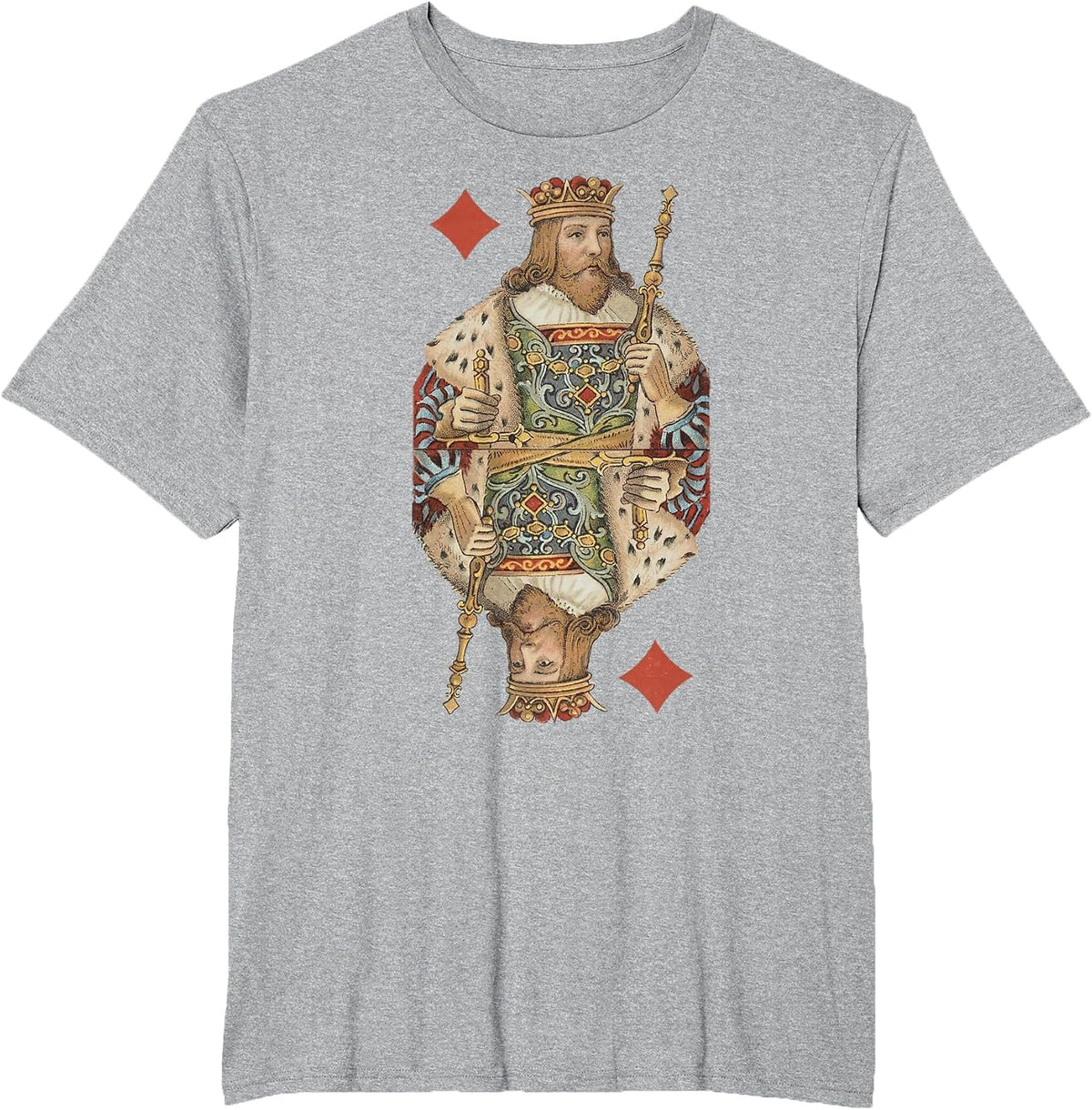 King of Diamonds Antique Art Nouveau Playing Card Art T-Shirt, Men's Big and Tall, Heather Grey, 6X Tall - As Pictured