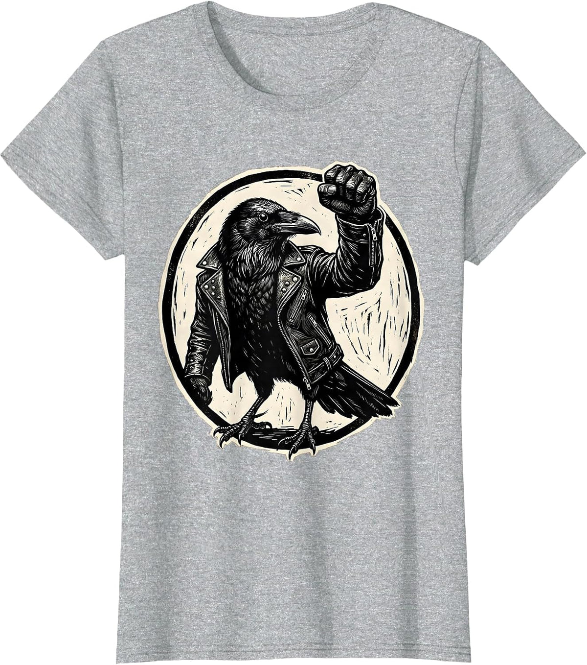 Rebel Crow Leather Jacket Raised Fist Design T-Shirt - Heather Grey
