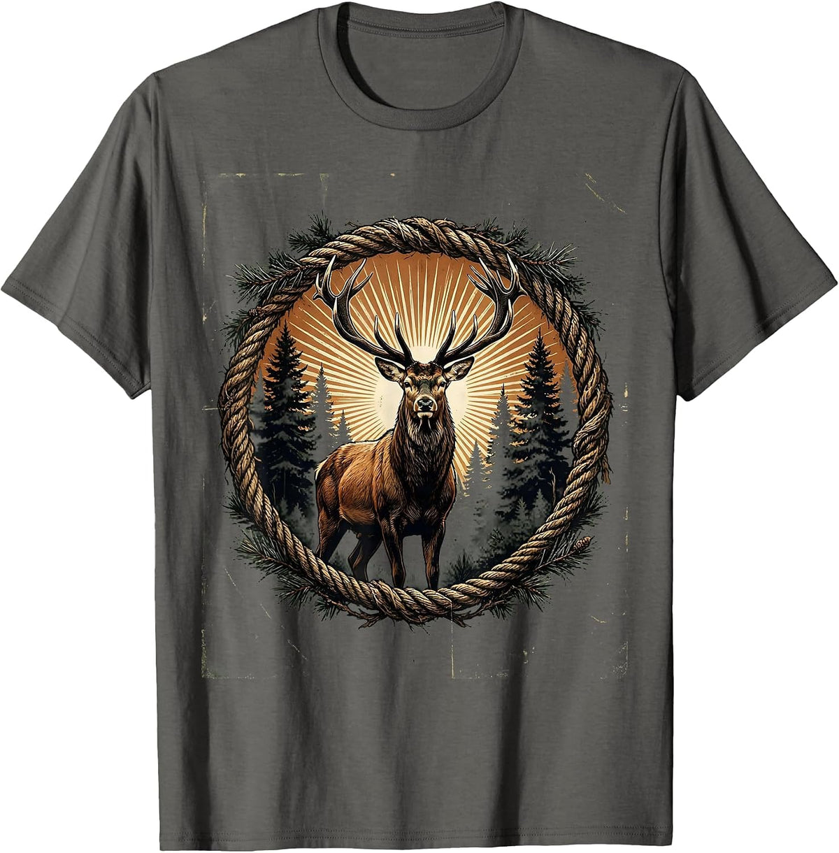 Men's Buck in Misty Forest Clearing Hunting Graphic T-Shirt - Asphalt Grey