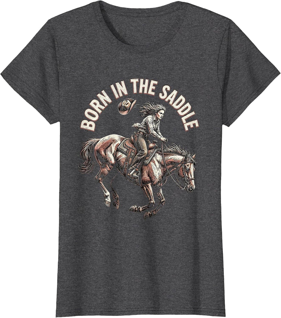 Women's Born in the Saddle Rodeo Graphic Design T-Shirt - Dark Heather Grey