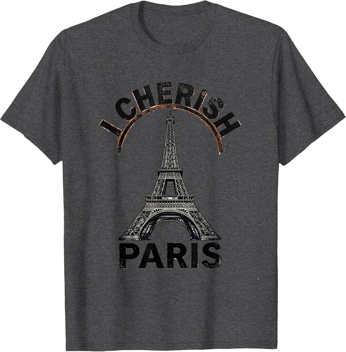 I Cherish Paris Rubber Stamp Eiffel Tower Travel Souvenir T-Shirt - Dark Heather Grey