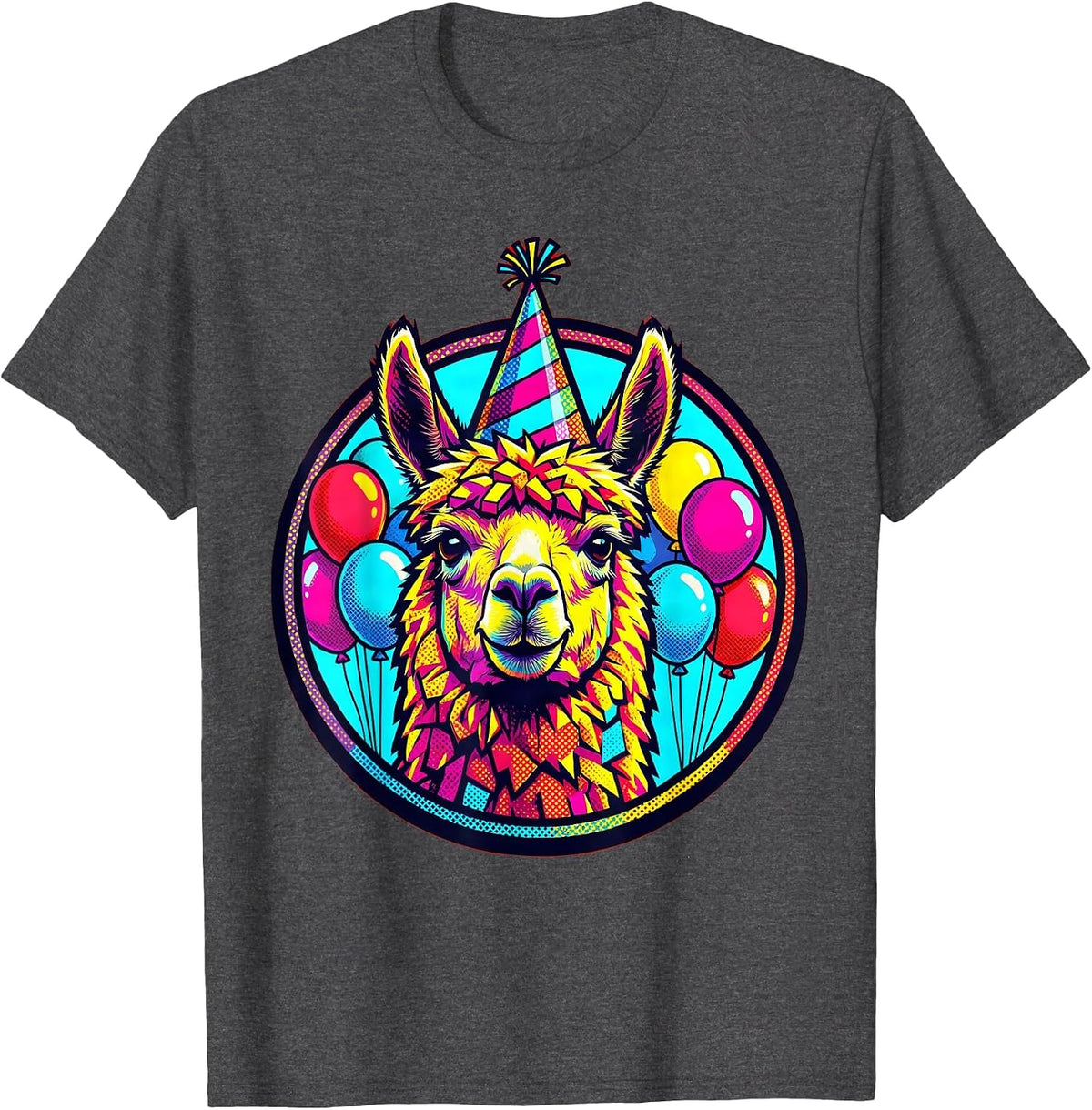 Llama 8th Birthday Party Hat Balloons Illustration T-Shirt - Dark Heather Grey