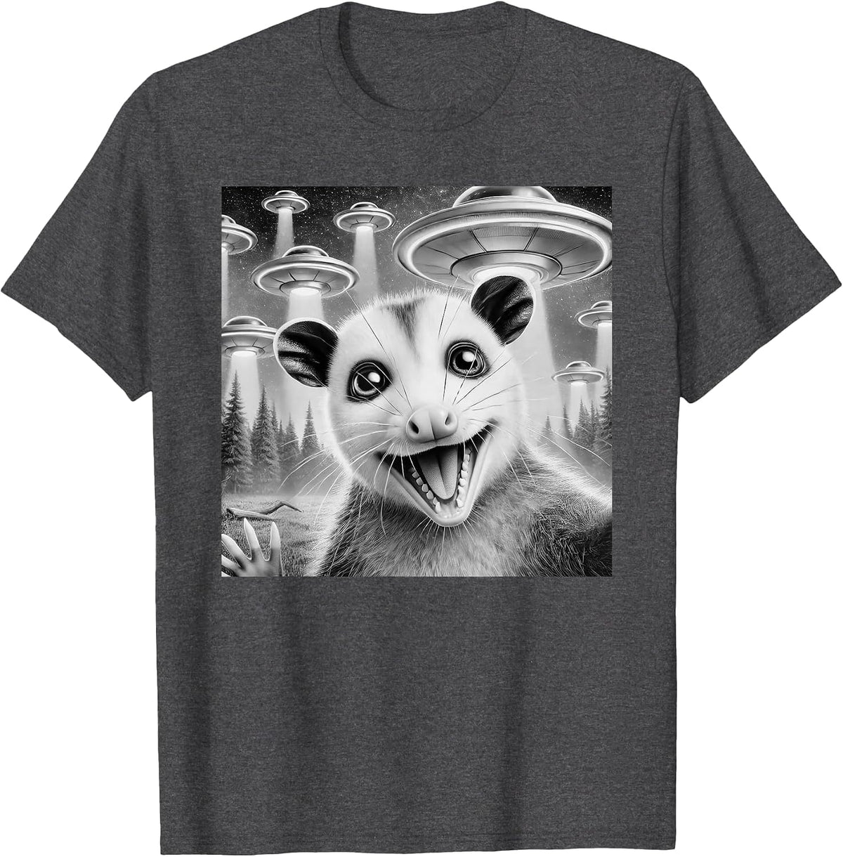 Opossum Selfie with Alien UFO Meme Men Women Kids T-Shirt - Dark Heather Grey