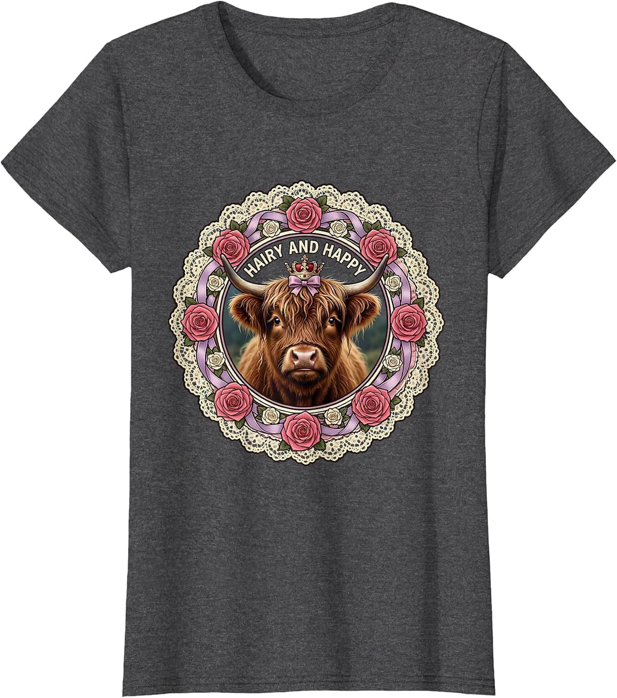 Women's Hairy and Happy Highland Cow Design T-Shirt - Dark Heather Grey
