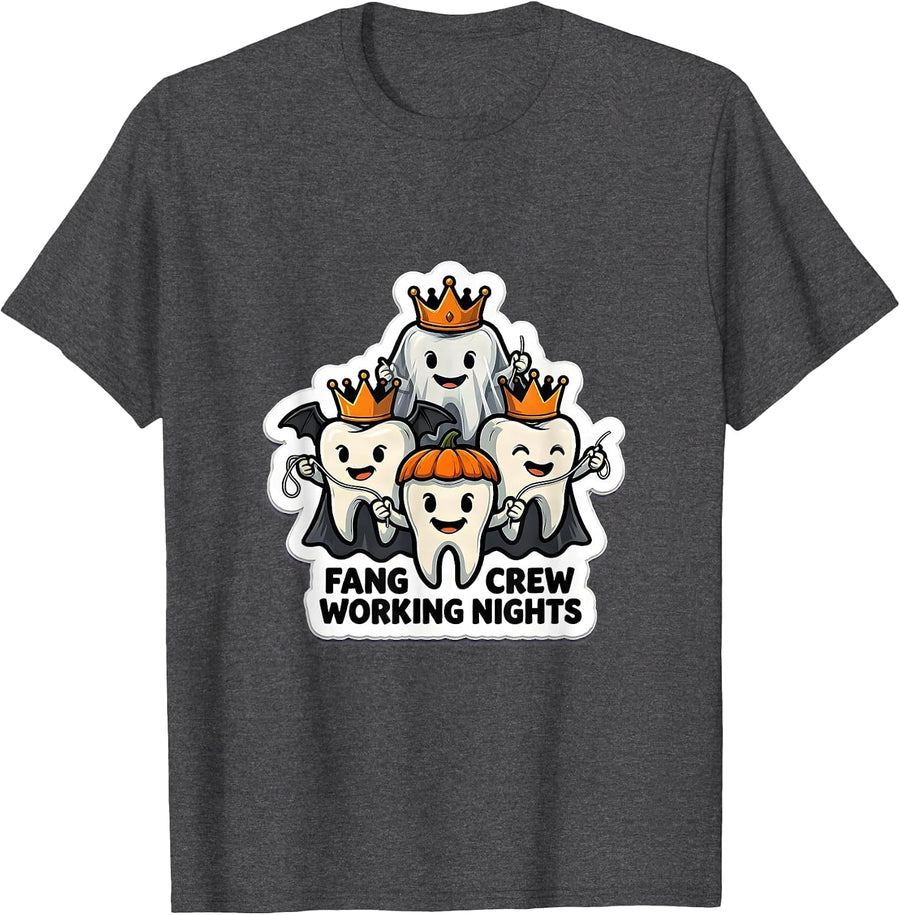 Men's Fang Crew Working Nights Funny Dentist Halloween Dental T-Shirt - Dark Heather Grey
