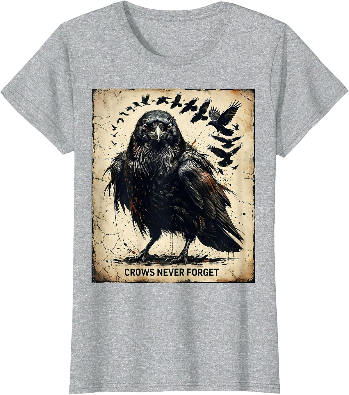 Crows Never Forget Clever Crow Design T-Shirt - Heather Grey