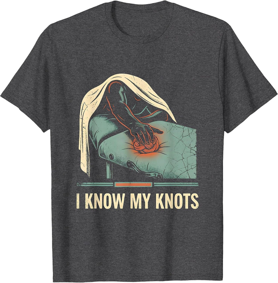 Men's I Know My Knots Funny Massage Therapist Humor LMT Gift T-Shirt - Dark Heather Grey