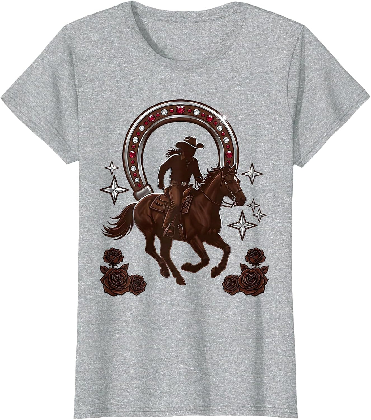 Texas Cowboy Silhouette Riding Horse at Sunset T-Shirt - Heather Grey