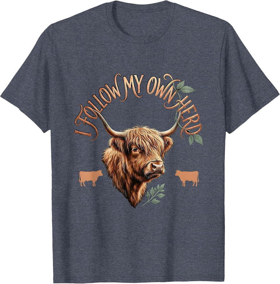 I Follow My Own Herd Funny Highland Cow Farm Humor Boho T-Shirt - Heather Blue