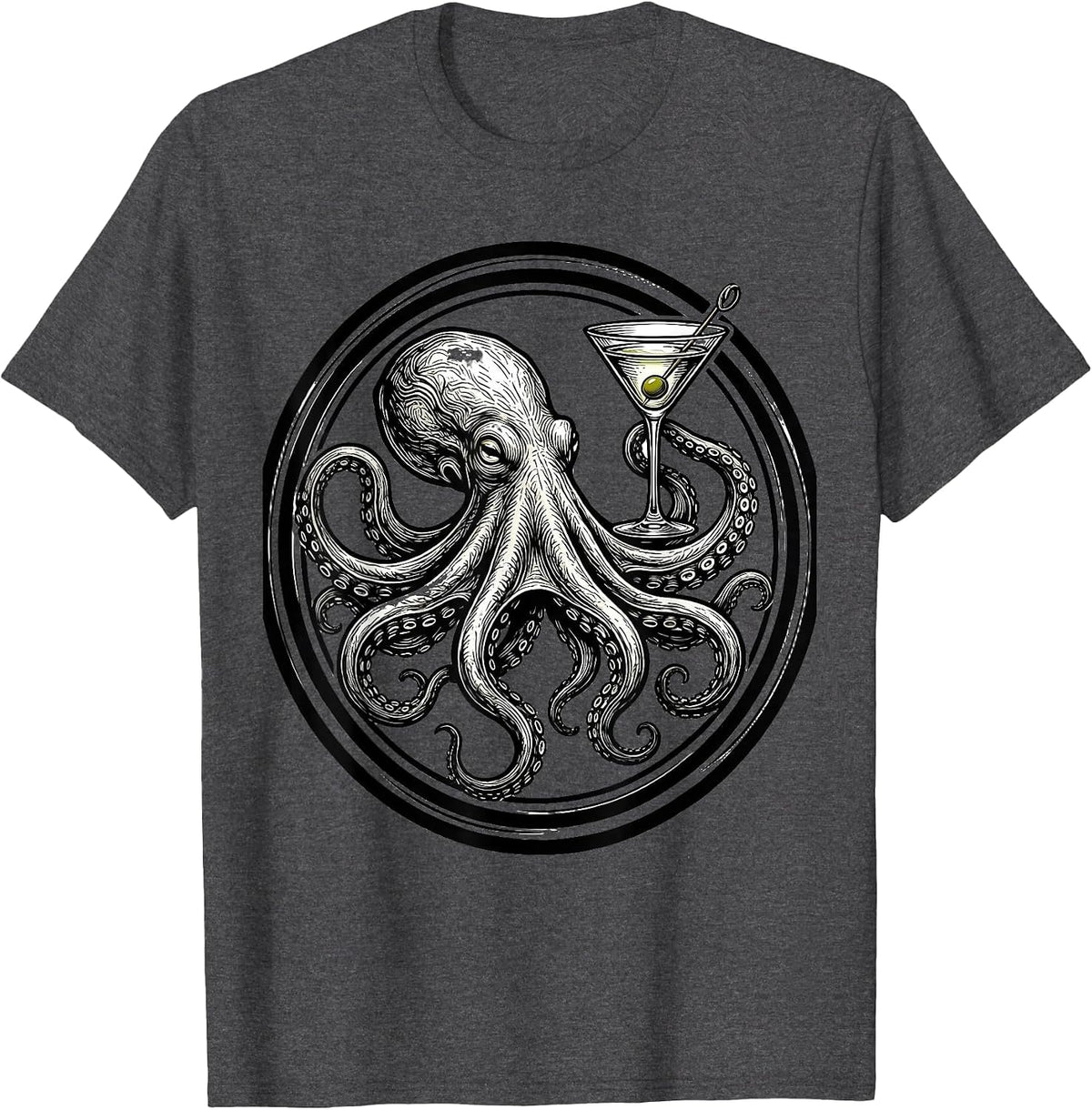 Octopus Martini Glass Cocktail Bar Art T-Shirt - Dark Heather Grey