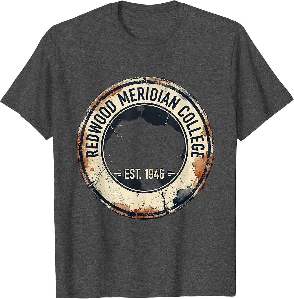 Redwood Meridian College Est 1946 Distressed Arch Retro T-Shirt - Dark Heather Grey