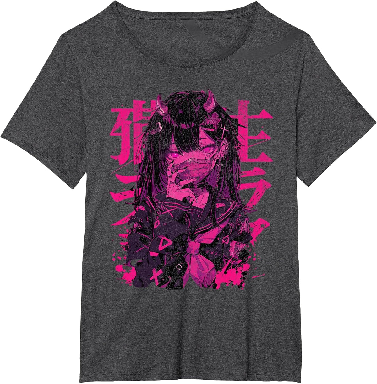 Goth Grunge Demon Anime Girl Waifu Horror Alt Aesthetic T-Shirt - Dark Heather Grey