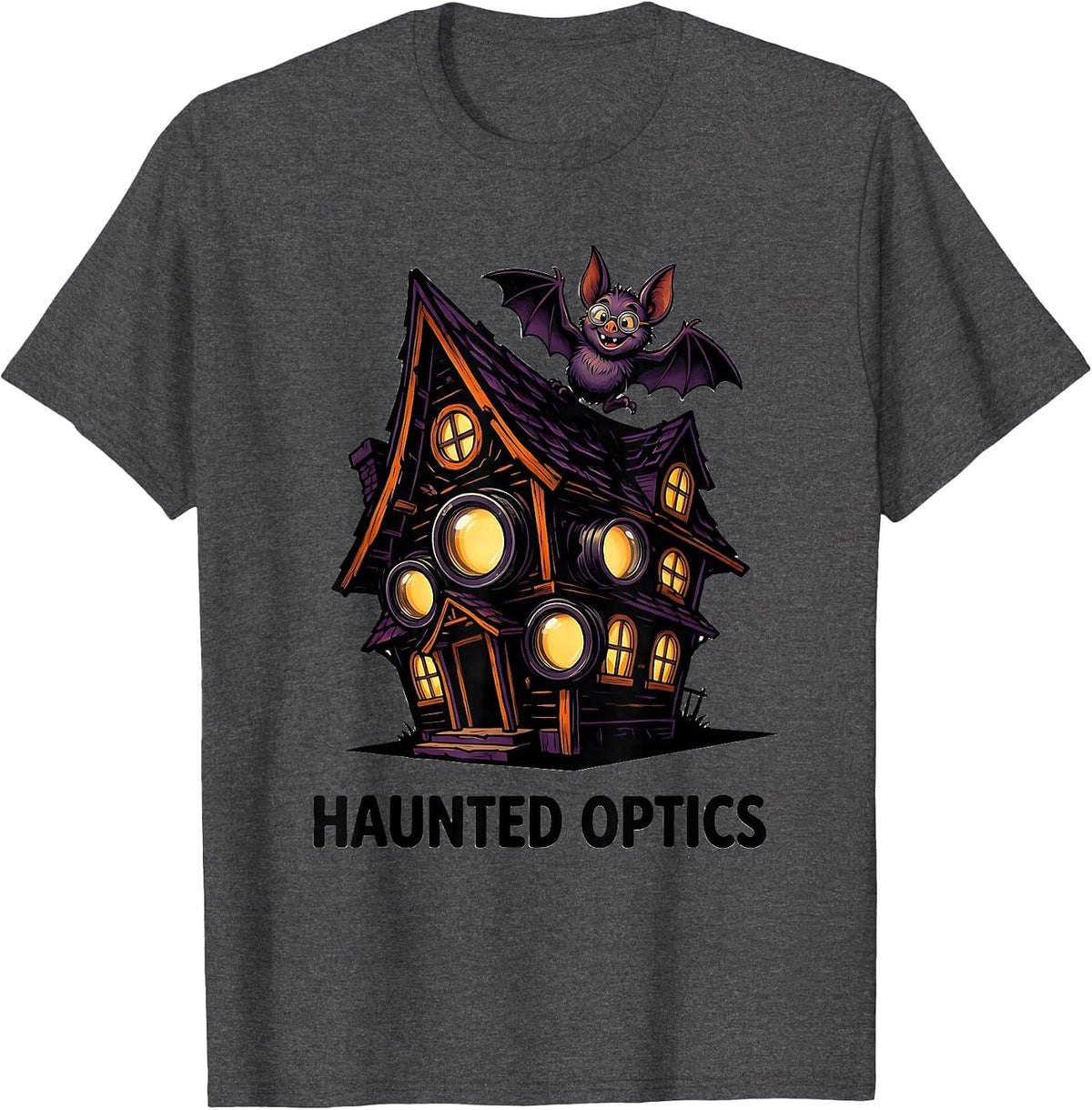 Men's Haunted Optics Cartoon Halloween Optometrist Eye Doctor T-Shirt - Dark Heather Grey