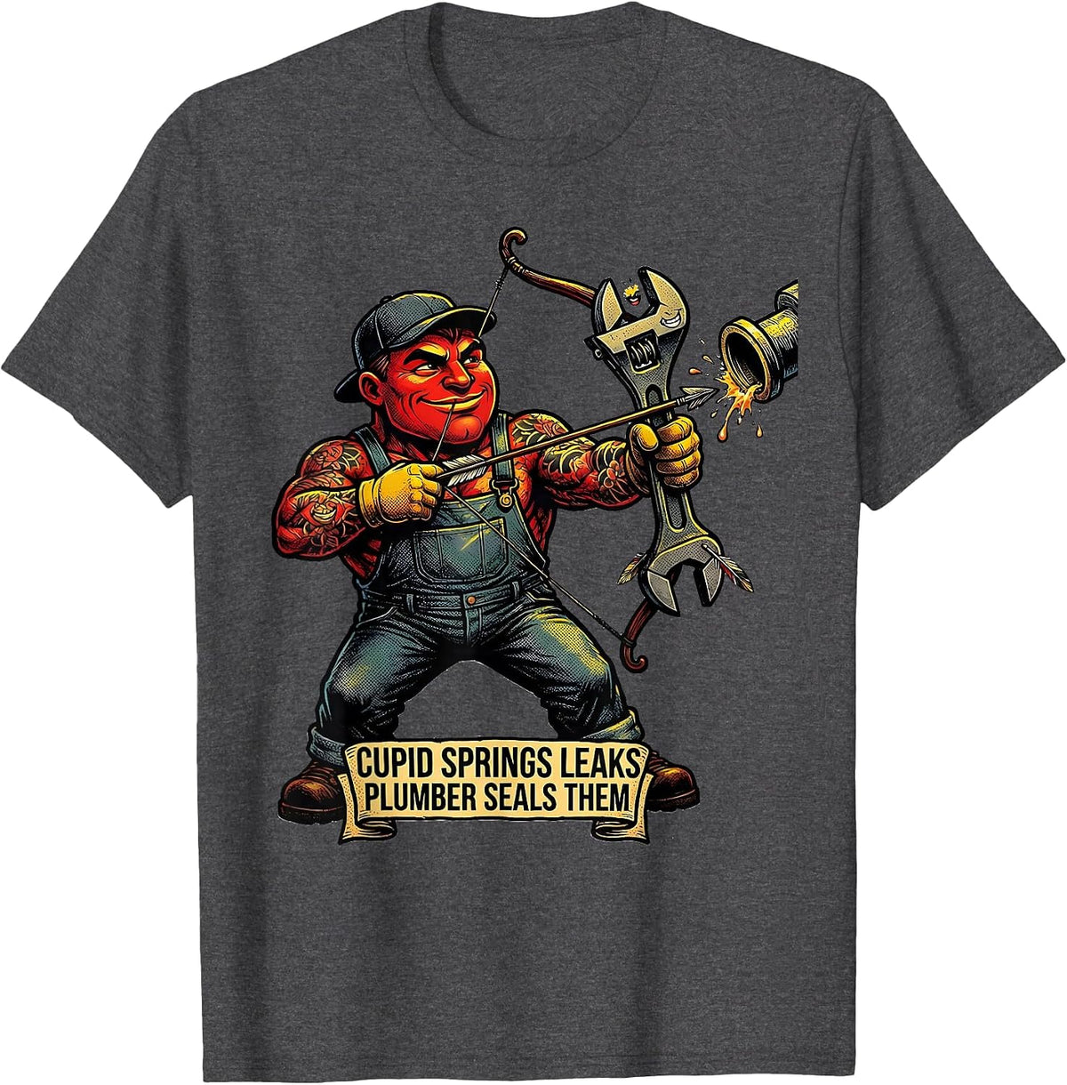 Men's Cupid Springs Leaks, Plumber Seals Them Funny Nurse Gift T-Shirt - Dark Heather Grey