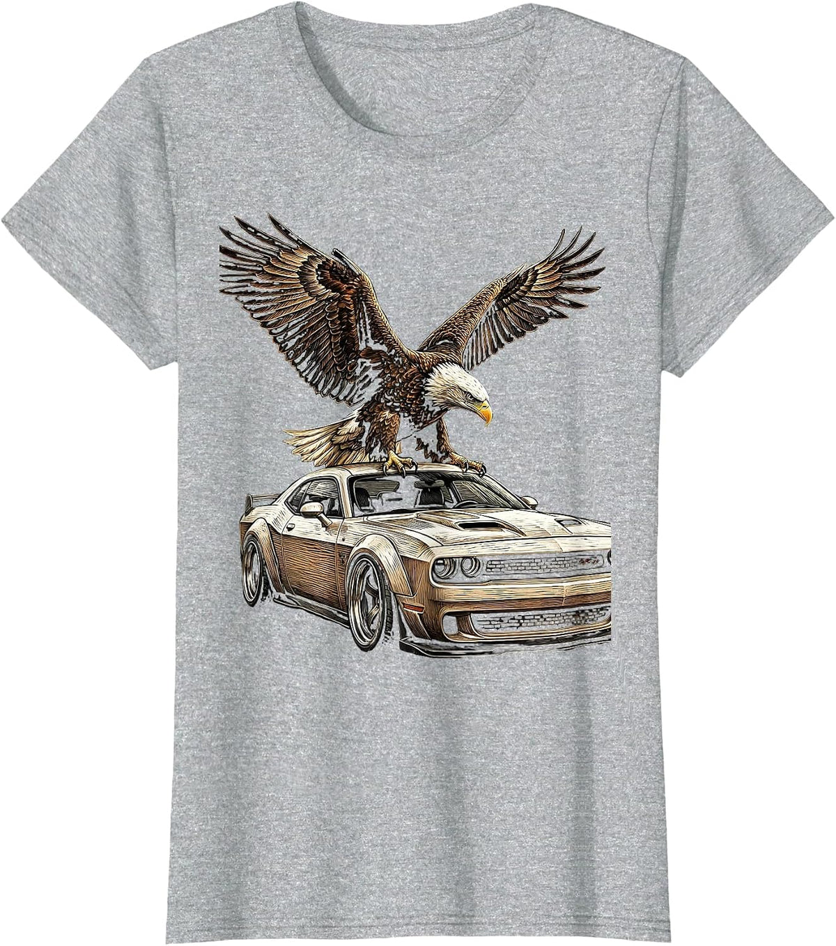 Eagle Perched on Muscle Car Graphic Design T-Shirt - Heather Grey