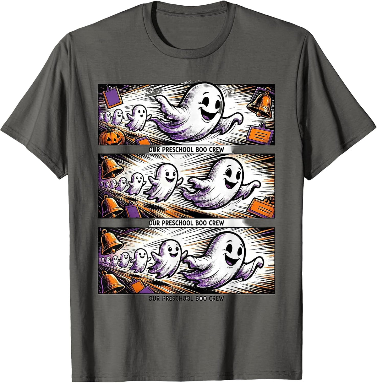 Our Preschool Boo Crew Comic Book Ghost Teacher Halloween T-Shirt - Asphalt Grey
