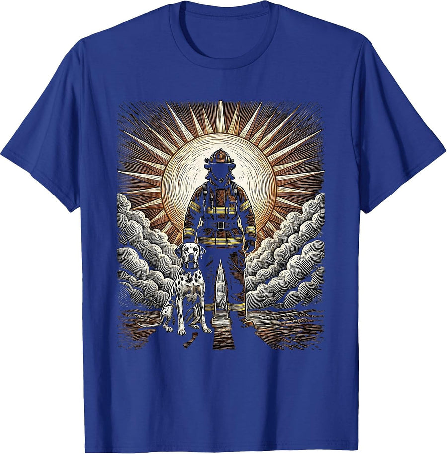 Dalmatian Firefighter Silhouette Sunset Design T-Shirt - Royal Blue