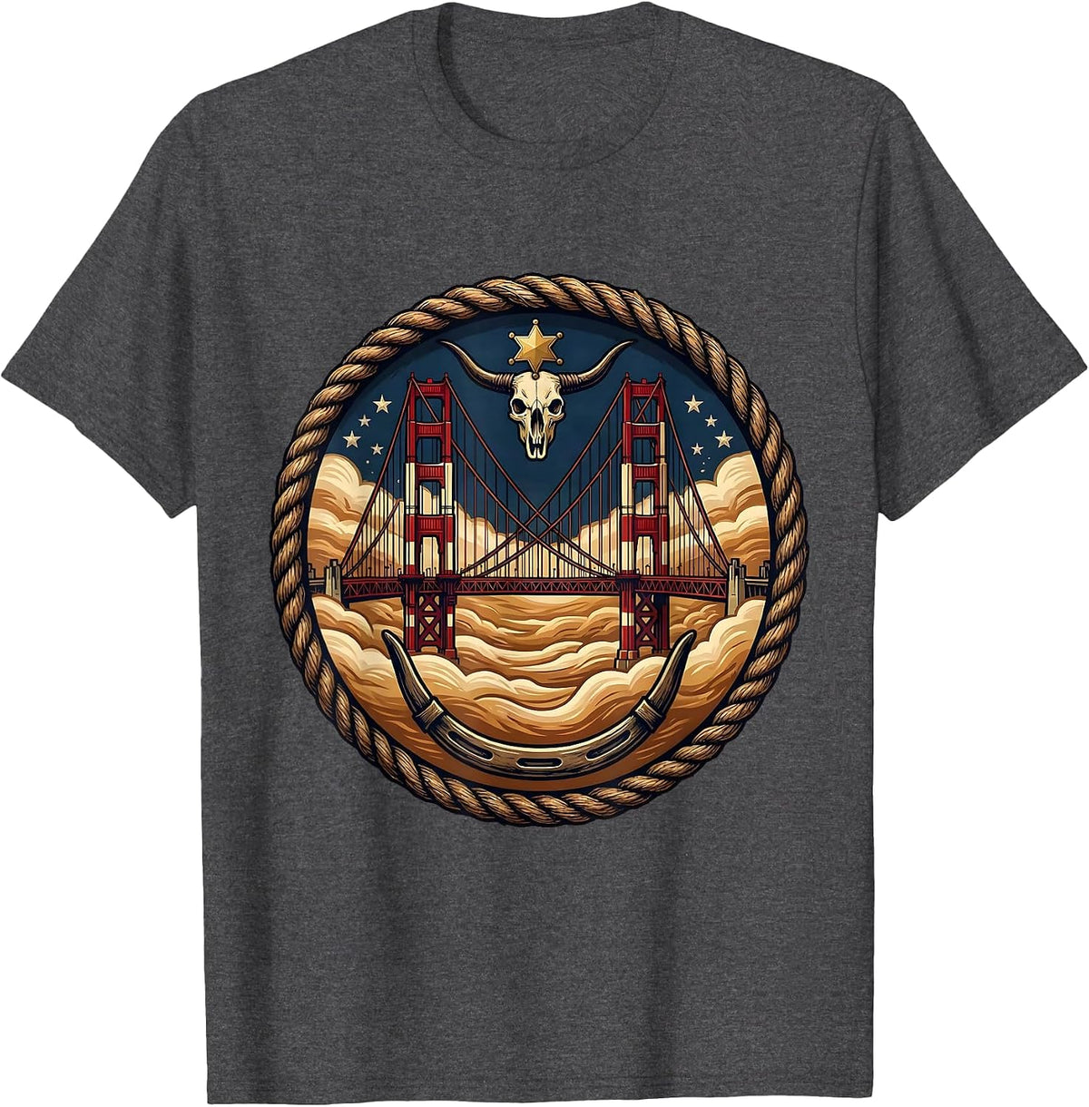 Golden Gate Bridge Morning Fog Illustration T-Shirt - Dark Heather Grey