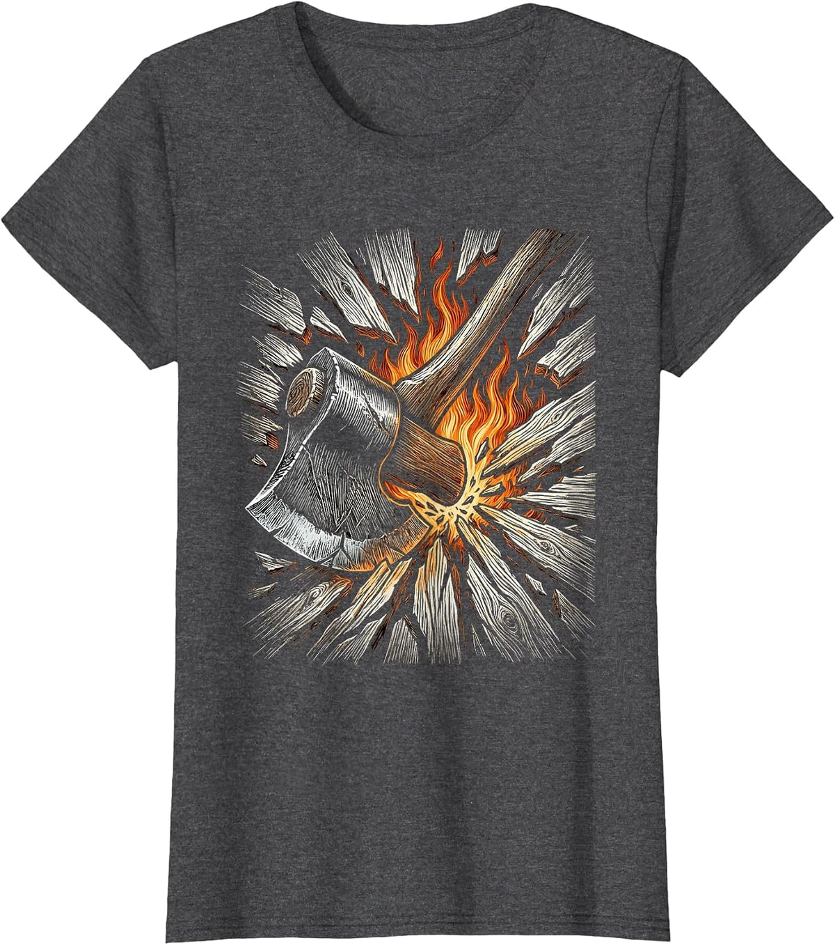 Women's Firefighter Axe Splitting Burning Door Graphic Tee T-Shirt - Dark Heather Grey
