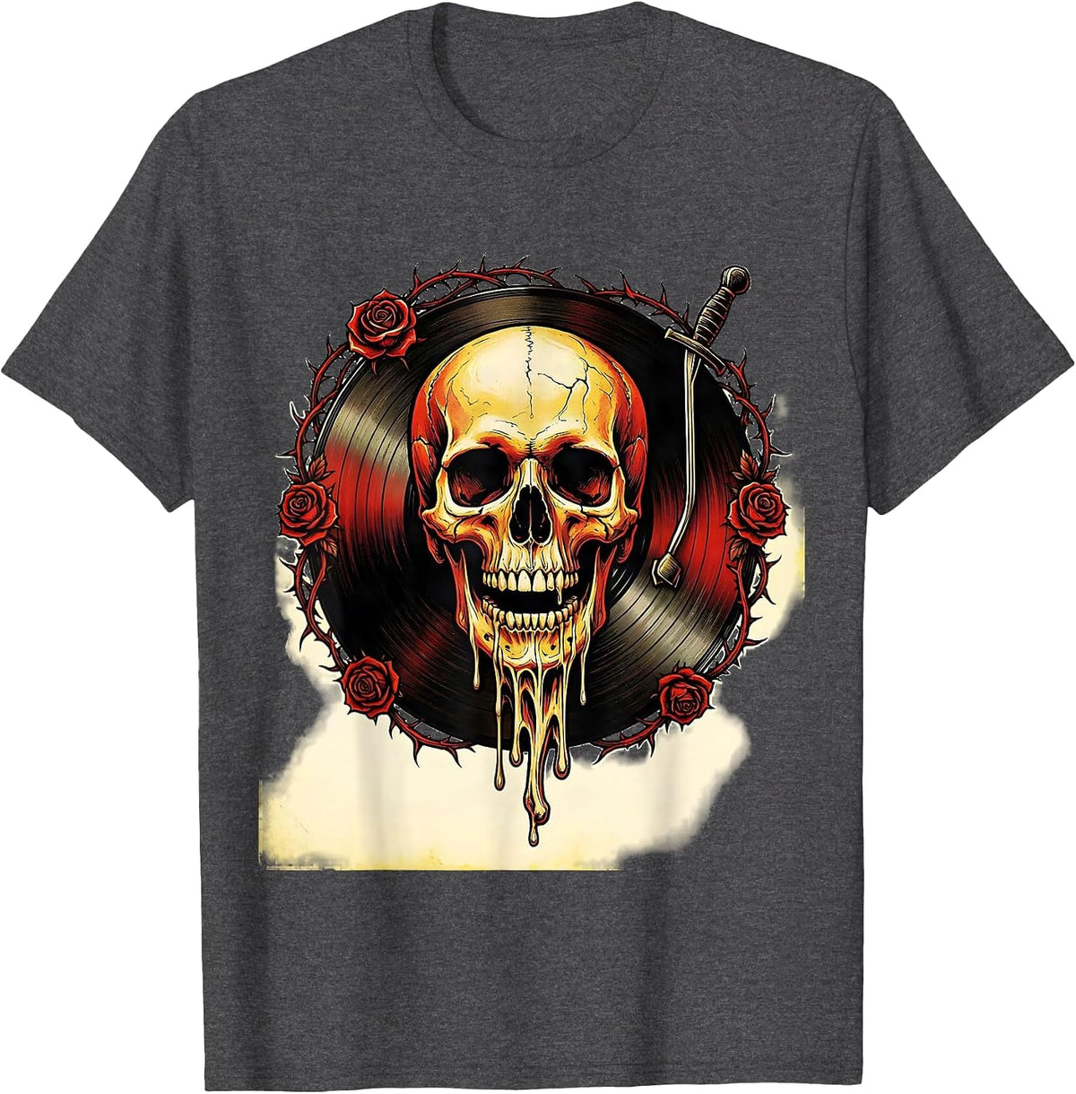 Skull Melting Into Vinyl Record Grooves Tee T-Shirt - Dark Heather Grey