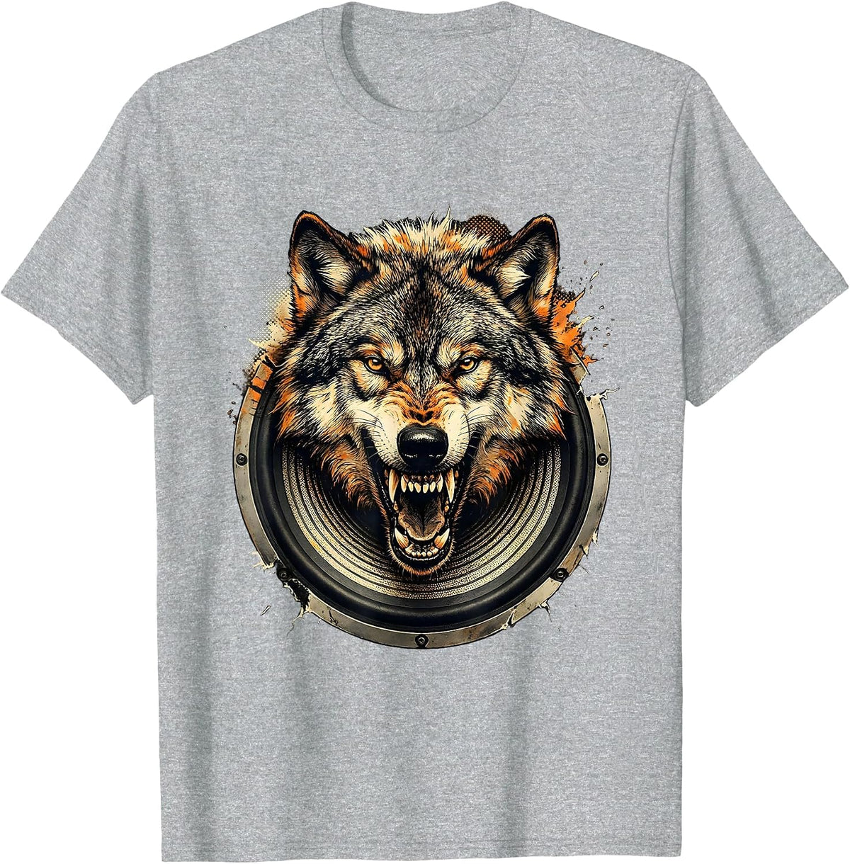 Men's Grunge Wolf Emerging From Speaker Static T-Shirt - Heather Grey