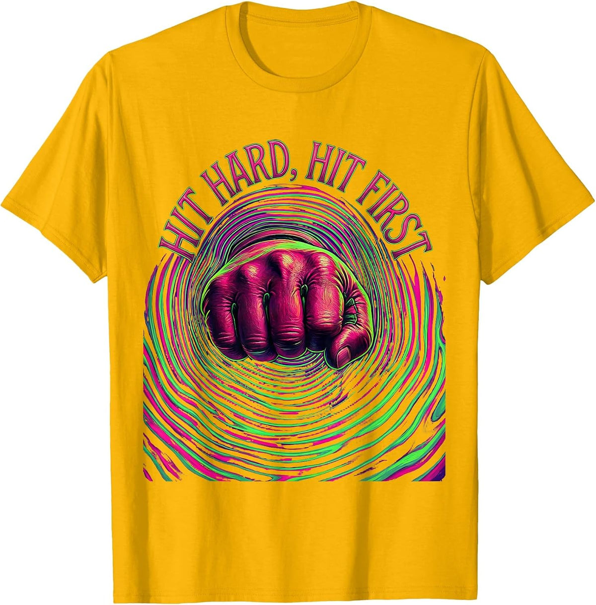 Hit Hard Hit First Bold Boxing Graphic Design T-Shirt - Golden Yellow