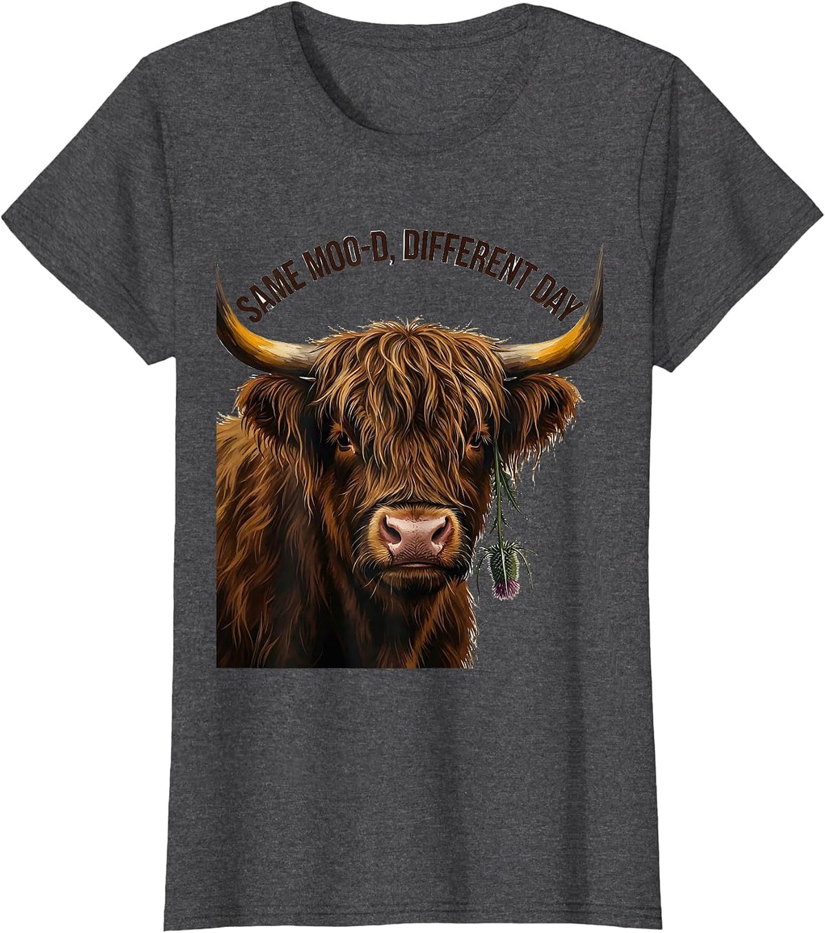 Women's Same Moo-D, Different Day Funny Highland Cow Farm Animal T-Shirt - Dark Heather Grey
