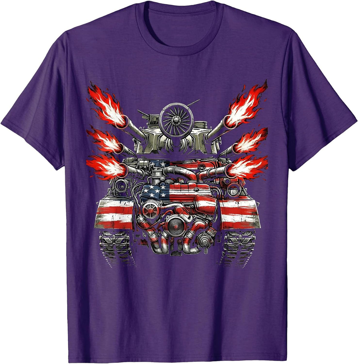 Hot Rod Engine Flames American Classic Graphic T-Shirt - Purple