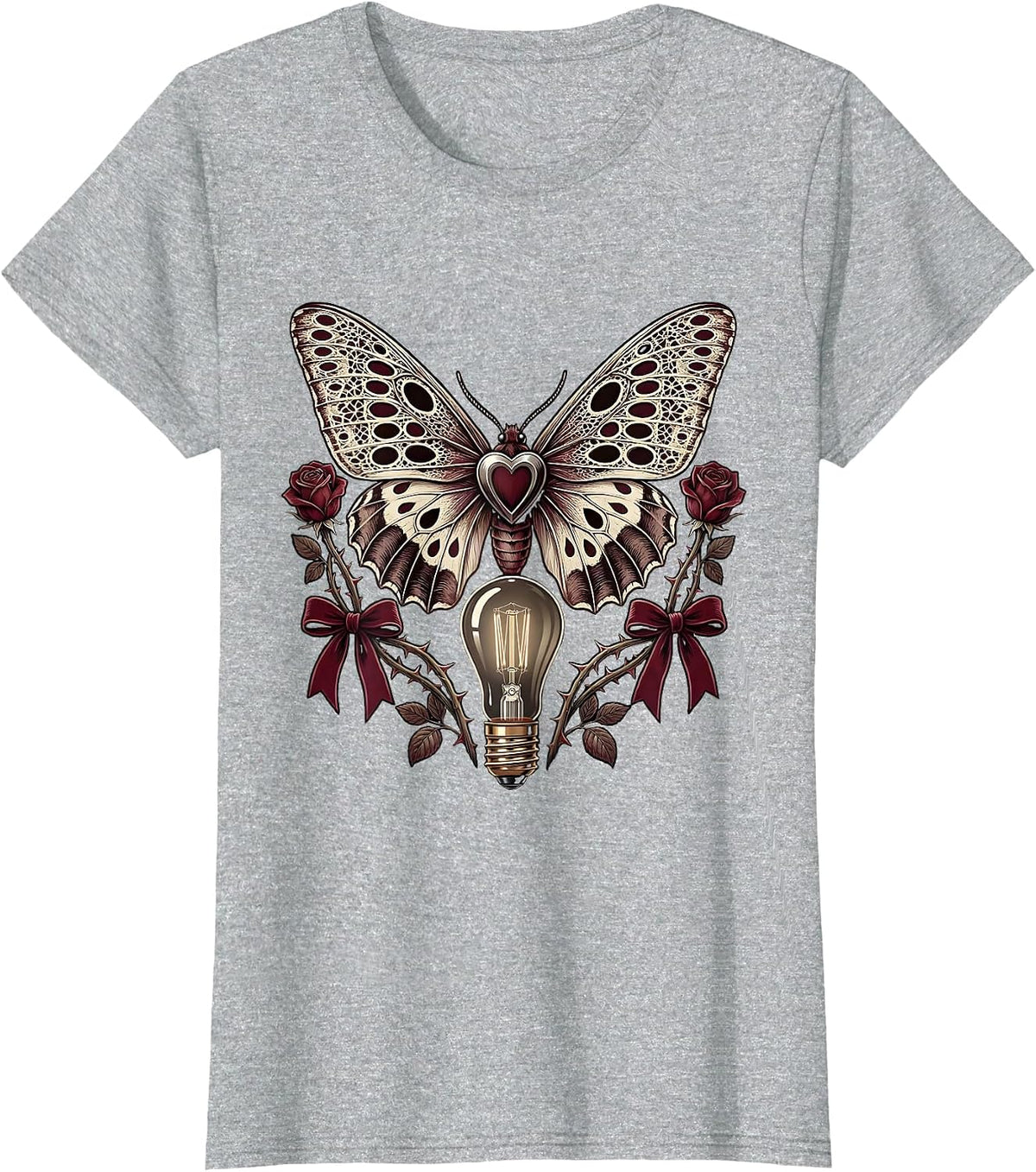 Moth and Vintage Light Bulb Rock Band Graphic T-Shirt - Heather Grey