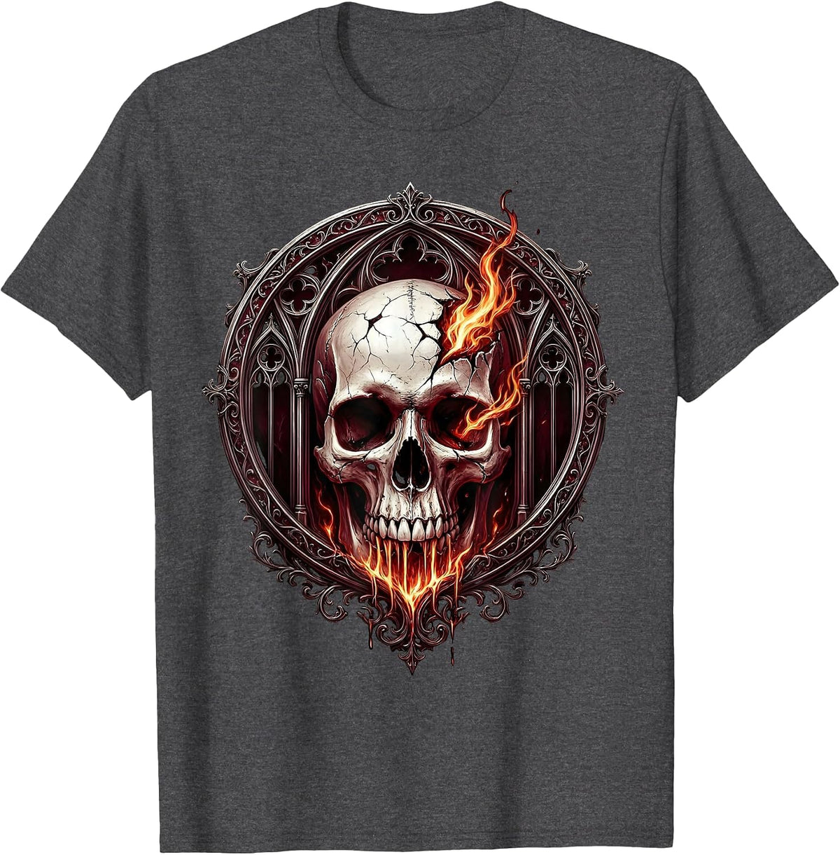 Cracked Skull Red Flames Dark Graphic Design T-Shirt - Dark Heather Grey