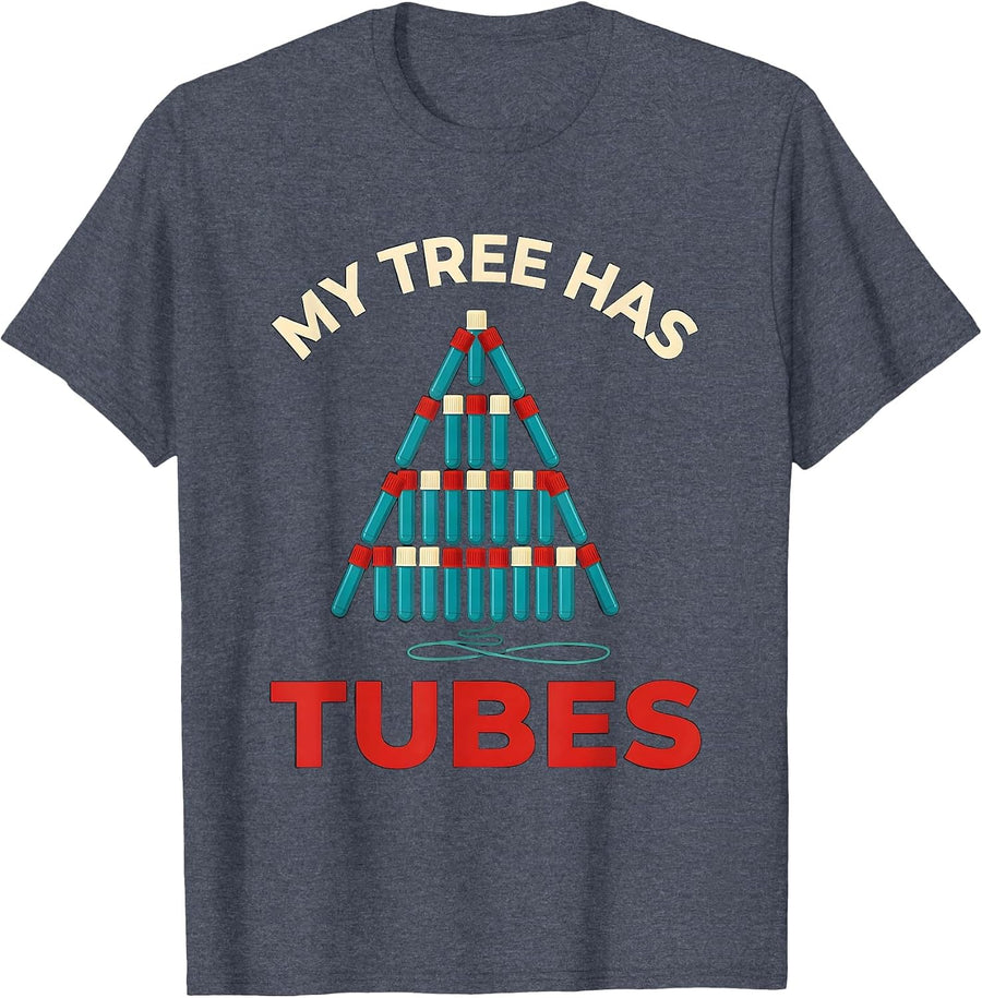 My Tree Has Tubes Funny Phlebotomist Christmas Holiday Humor T-Shirt - Heather Blue