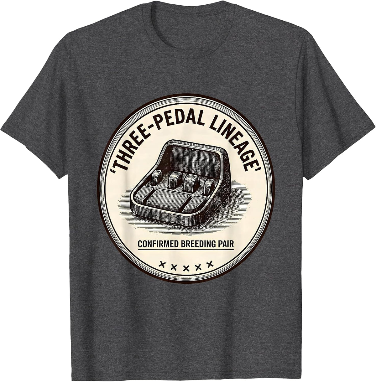 Three-Pedal Lineage, Confirmed Breeding Pair Car Guy T-Shirt - Dark Heather Grey