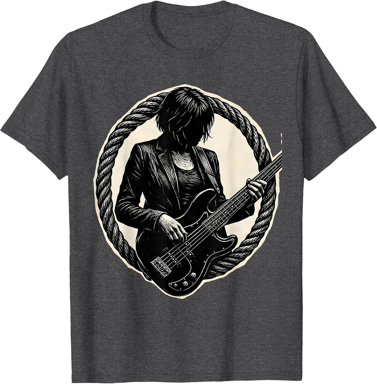 Bassist Wrapped in Guitar Cable Rock Art T-Shirt - Dark Heather Grey
