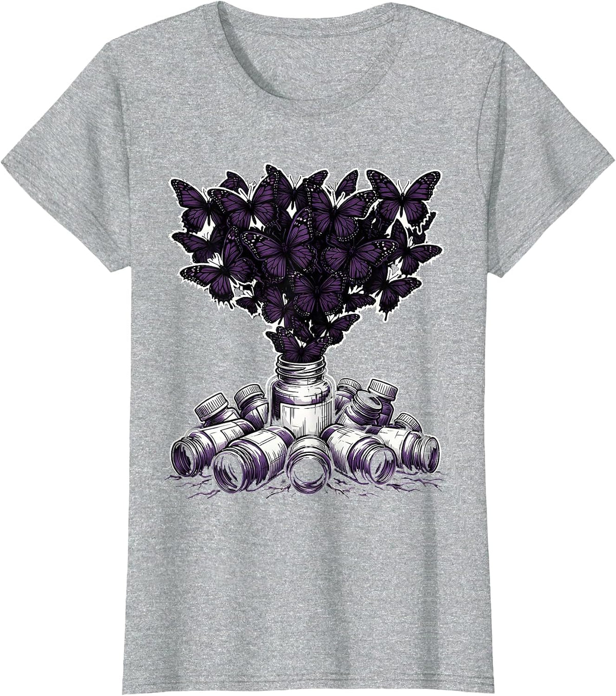 Women's Emo Pill Bottles Black Butterflies Graphic T-Shirt - Heather Grey