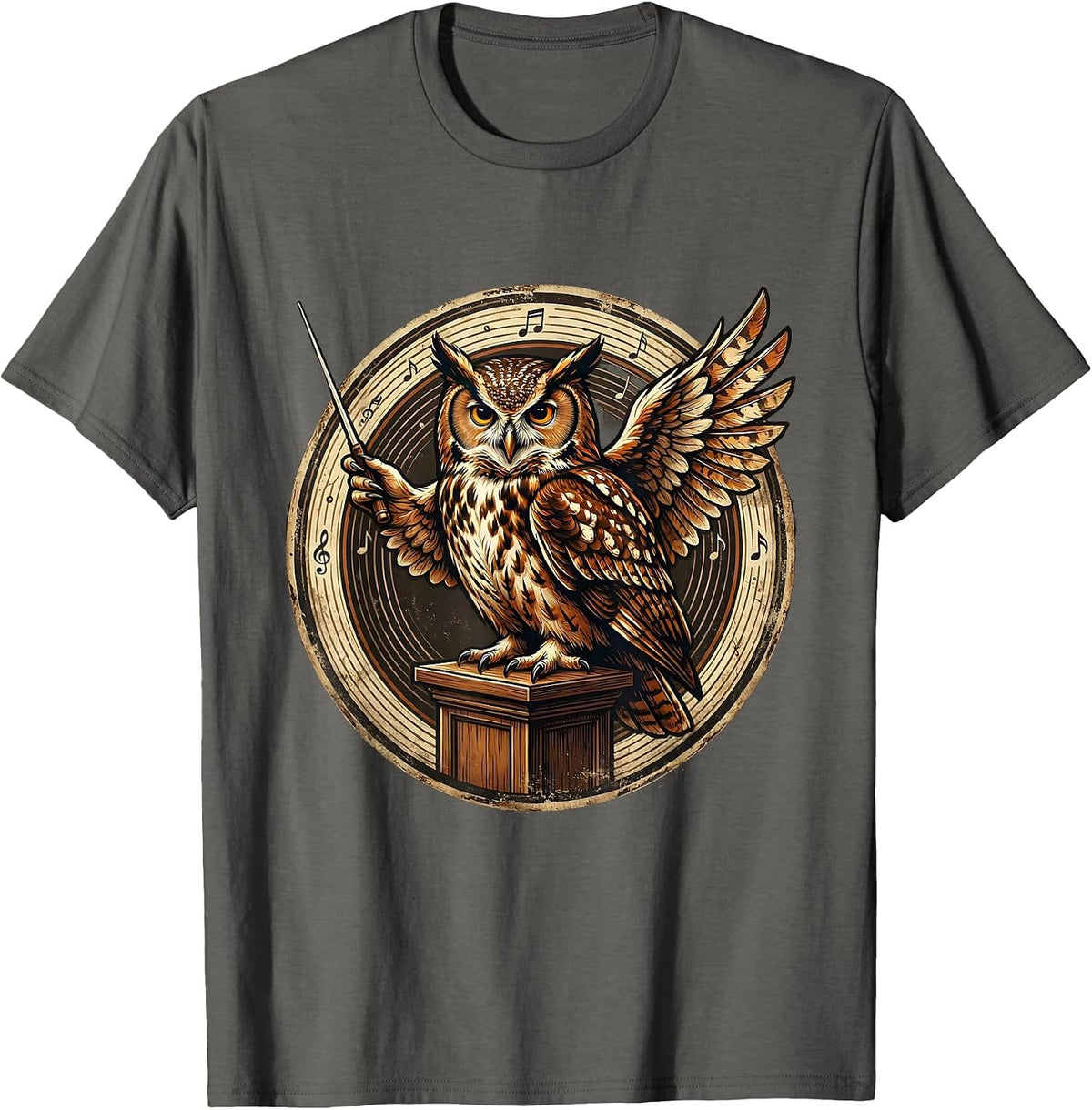 Owl Conductor Music Teacher Baton Podium Design T-Shirt - Asphalt Grey