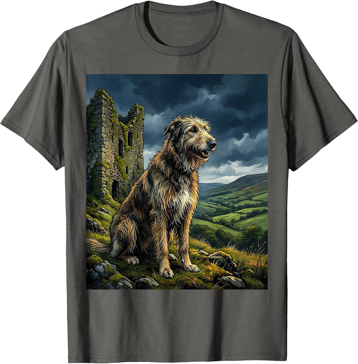 Irish Wolfhound and Castle Ruins Illustration T-Shirt - Asphalt Grey