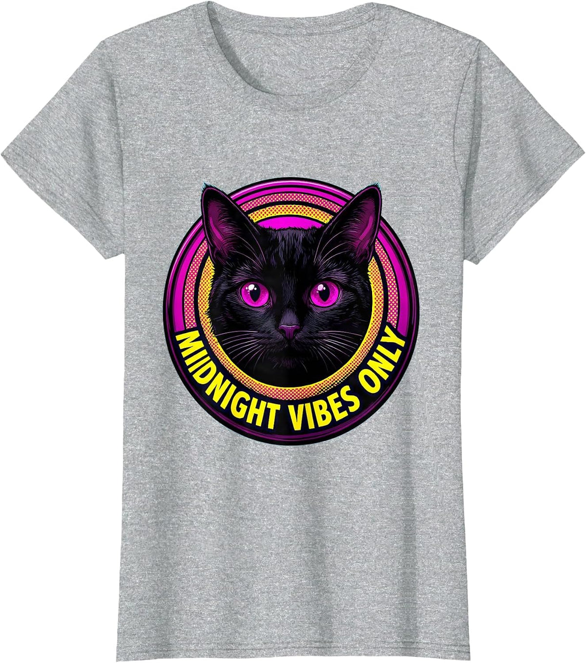 Black Cat Midnight Vibes Only Graphic Design T-Shirt - Heather Grey