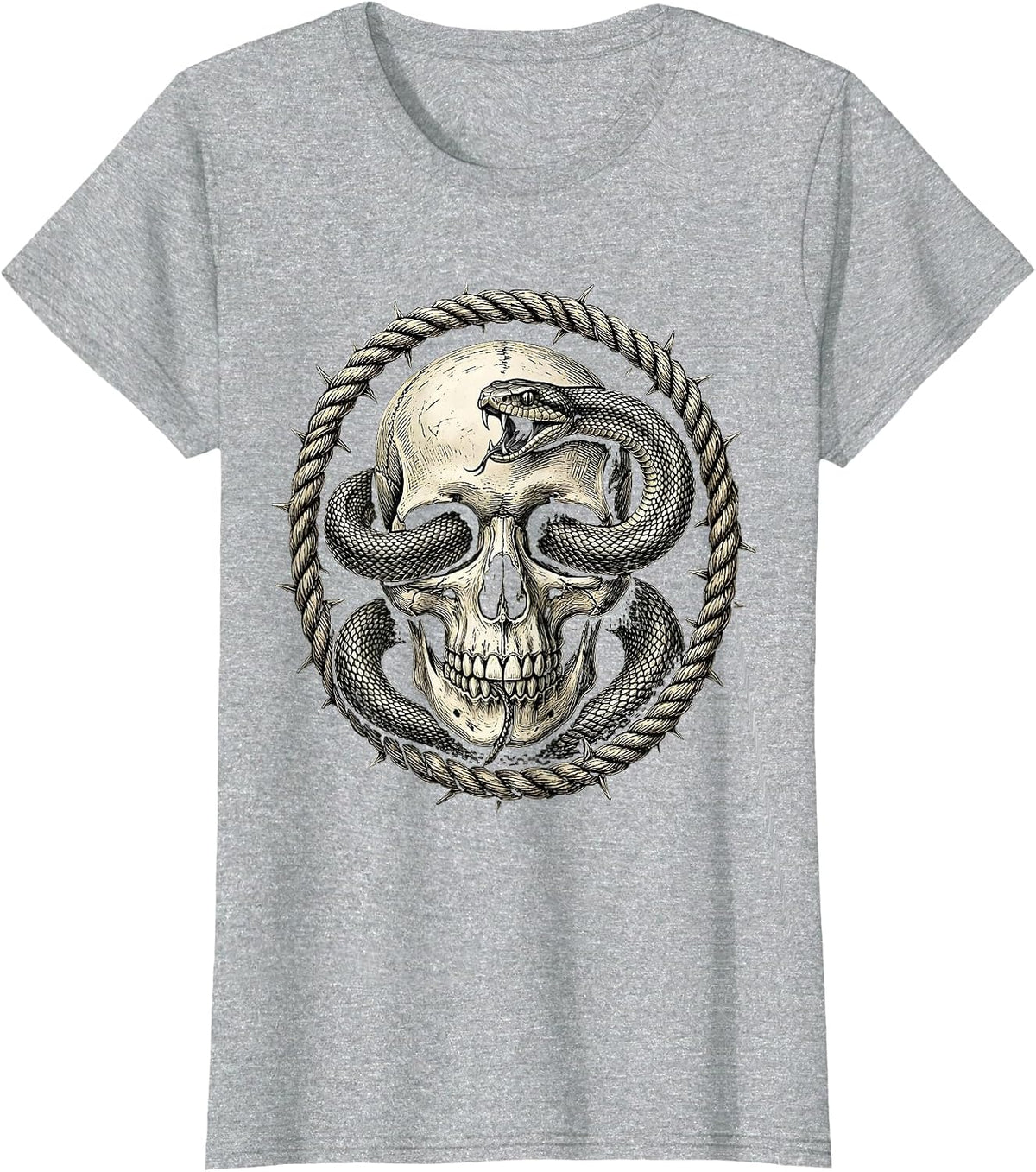 Snake Through Skull Eye Sockets Dark Art Design T-Shirt - Heather Grey