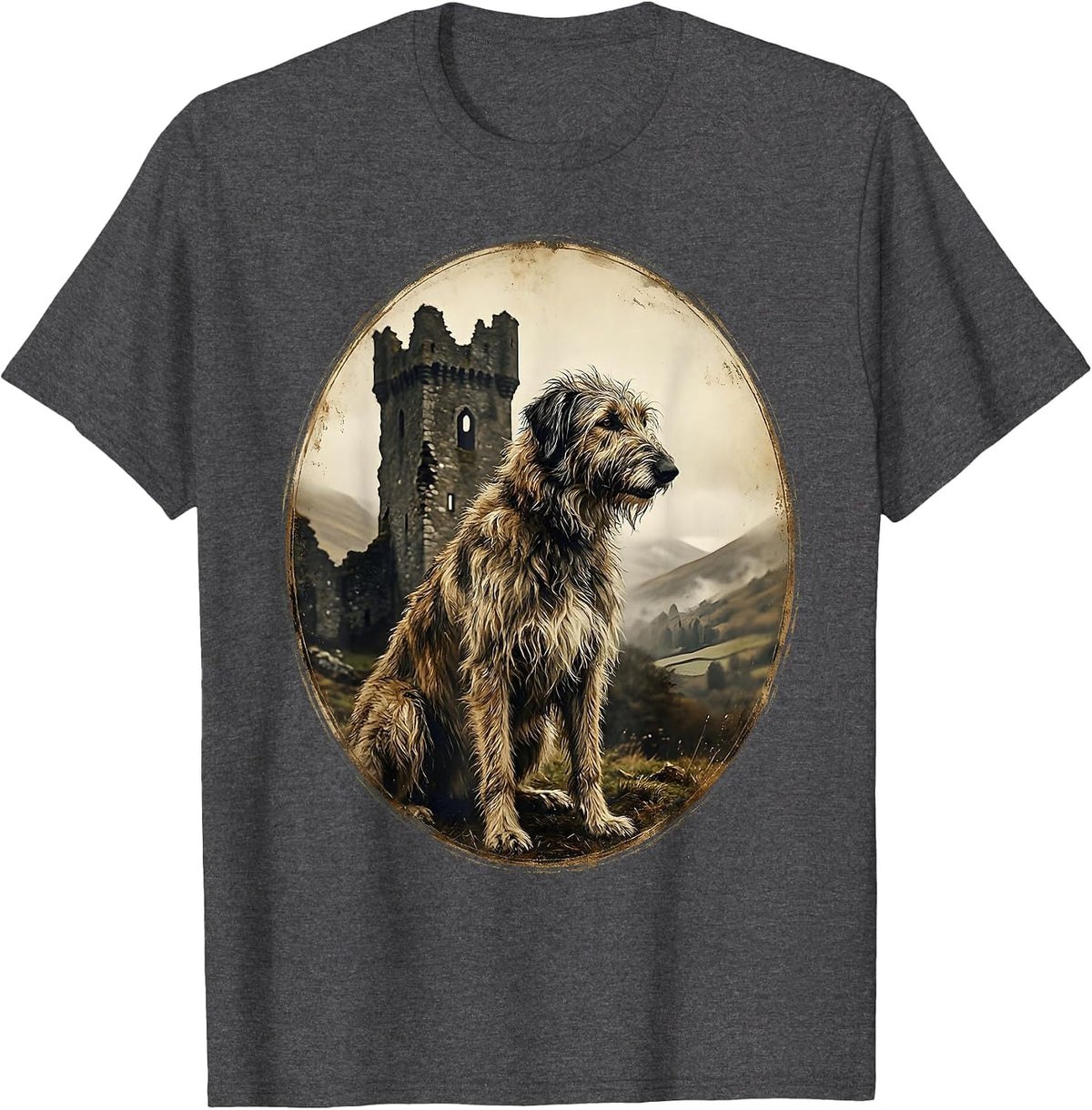 Irish Wolfhound Ruined Castle Ireland Graphic T-Shirt - Dark Heather Grey