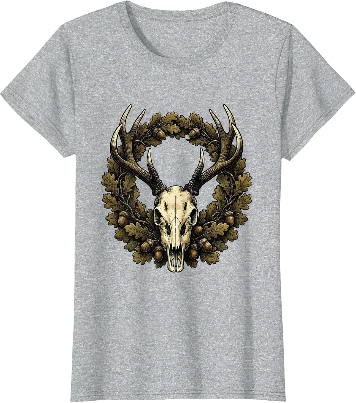 Women's Bottomland Camo Whitetail Deer Skull Antlers T-Shirt - Heather Grey